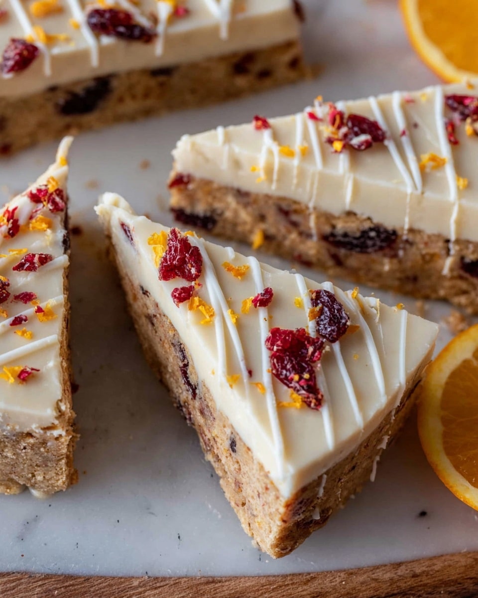 The image shows triangular slices of a dessert with two layers. The bottom layer is light brown with a dense and crumbly texture, dotted with dark red dried fruit pieces mixed throughout. The top layer is creamy white, smooth and thick, topped with thin white drizzle lines and scattered small bits of bright red dried fruit and tiny orange zest specks. The slices are placed on a white marbled cutting board with part of a yellow-orange lemon or orange visible on the right side. photo taken with an iphone --ar 4:5 --v 7