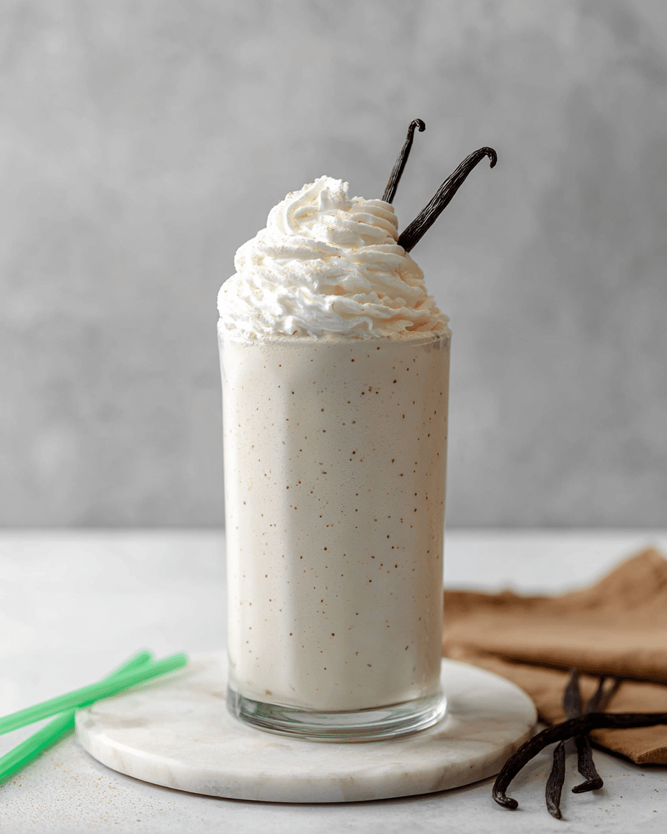 A tall clear glass filled with a creamy light beige vanilla milkshake with small specks, topped with a generous swirl of white whipped cream that spills slightly down the sides, crowned with a dark brown vanilla bean placed on top. The glass sits on a white marbled surface, surrounded by a few vanilla pods and a green straw lying nearby, against a soft gray blurred background. photo taken with an iphone --ar 4:5 --v 7