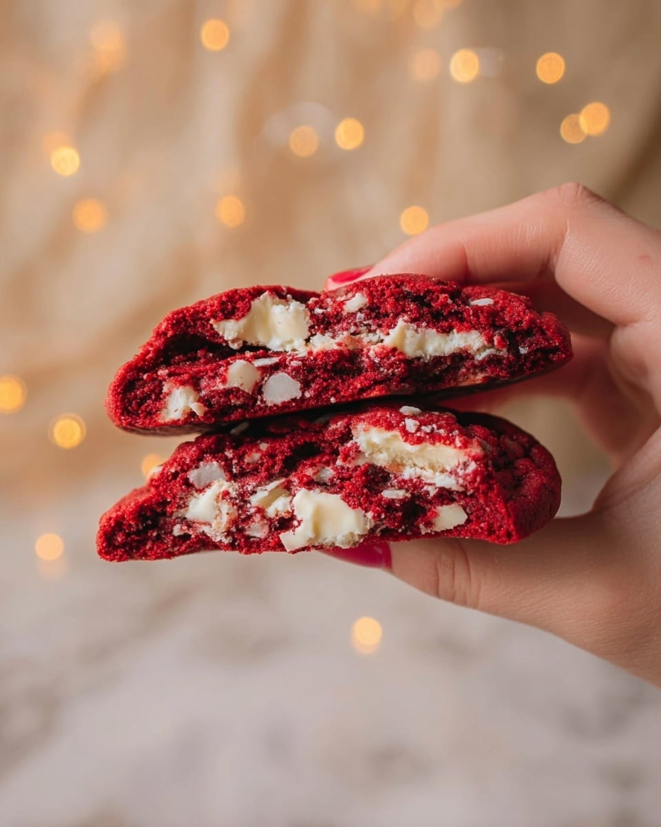 A close-up of a woman's hand holding two halves of a red velvet cookie with cream cheese chunks inside; the cookie shows a rich red color with a soft, moist texture and visible white cream cheese pieces scattered throughout; the background is soft and blurred with round warm light spots, creating a cozy feel, all set on a white marbled surface. photo taken with an iphone --ar 4:5 --v 7