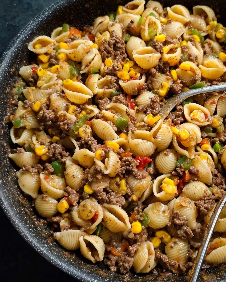 The image shows a close-up of a cooked pasta dish in a dark pan, made of small shell pasta mixed with ground beef, bright yellow corn kernels, and bits of green and red vegetables, possibly peppers. The pasta shells have a soft, slightly glossy texture and are scattered throughout the dish along with the crumbly, browned ground beef and colorful vegetables, giving a mixed and hearty look. The pan edges and a metal spoon handle are visible on the side. photo taken with an iphone --ar 4:5 --v 7
