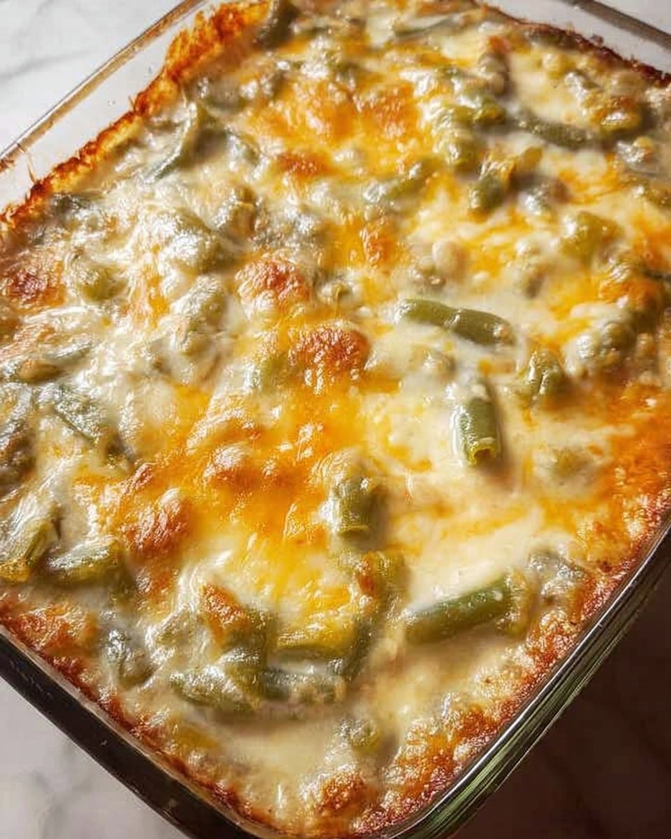 The image shows a baked green bean casserole in a clear glass rectangular dish. The dish has a thick top layer of melted creamy white sauce mixed with slightly browned and orange-yellow melted cheese, creating a bumpy texture. Beneath the top layer, green bean pieces are visible, scattered evenly throughout the white creamy sauce. The edges of the casserole are golden brown and slightly crispy. The dish sits on a white marbled surface. Photo taken with an iphone --ar 4:5 --v 7