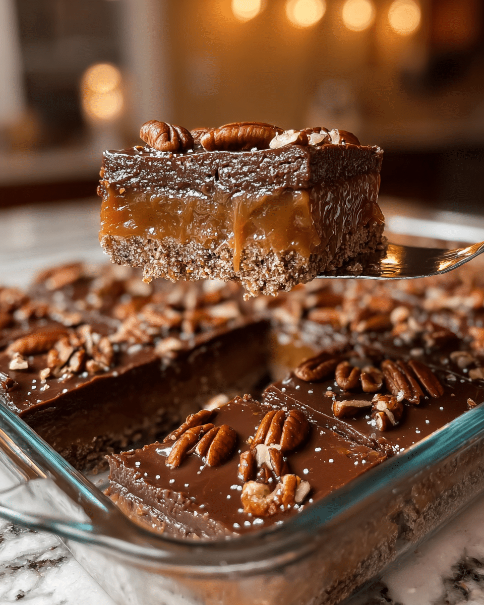A close-up image of a glass baking dish filled with several square chocolate pecan bars. Each bar has three layers: a bottom crumbly light brown crust, a thick middle layer of caramel that looks sticky and gooey, and a smooth, rich dark brown chocolate top layer. The chocolate layer is glossy with chopped pecan nuts scattered on top, adding texture and contrast. One bar is lifted on a silver spatula showing the gooey caramel pull and the detailed layers clearly. The background shows a blurred kitchen setting with warm lighting and a white marbled surface under the dish. Photo taken with an iphone --ar 4:5 --v 7