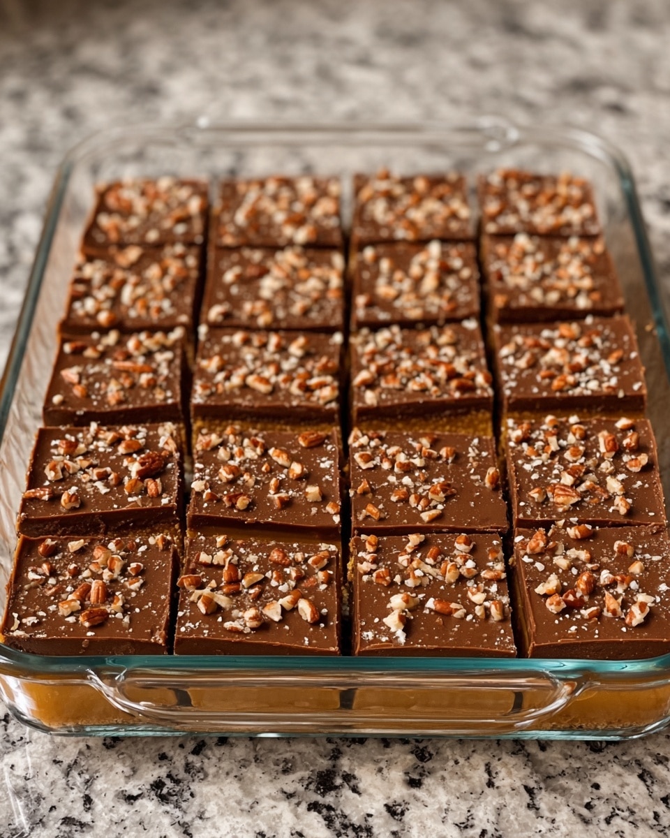 A clear glass square baking dish holds 25 evenly cut squares of a three-layer dessert. The bottom layer is light brown and crumbly, resembling a crust. The middle layer is a thick, smooth caramel colored layer. The top layer is a shiny, dark milk chocolate coating sprinkled generously with chopped pecans, adding texture and a nutty appearance. The whole dish is placed on a white marbled textured surface. photo taken with an iphone --ar 4:5 --v 7
