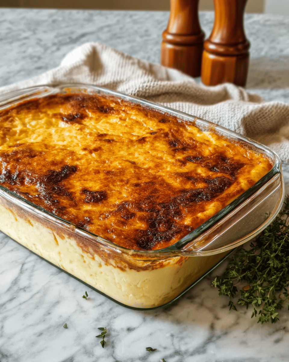 A clear glass baking dish filled with a creamy corn casserole that has been baked to a golden brown crust on top, showing one large scoop being lifted out with a silver spoon. The dish has three visible layers: the top layer is a crispy, browned cheesy crust with varied tones of golden and dark brown, the middle layer is a rich and smooth yellowish creamy mixture mixed with whole corn kernels, and the bottom layer is a lighter creamy filling with more whole corn pieces visible. The casserole sits on a white marbled surface with a blurred kitchen background. photo taken with an iphone --ar 4:5 --v 7