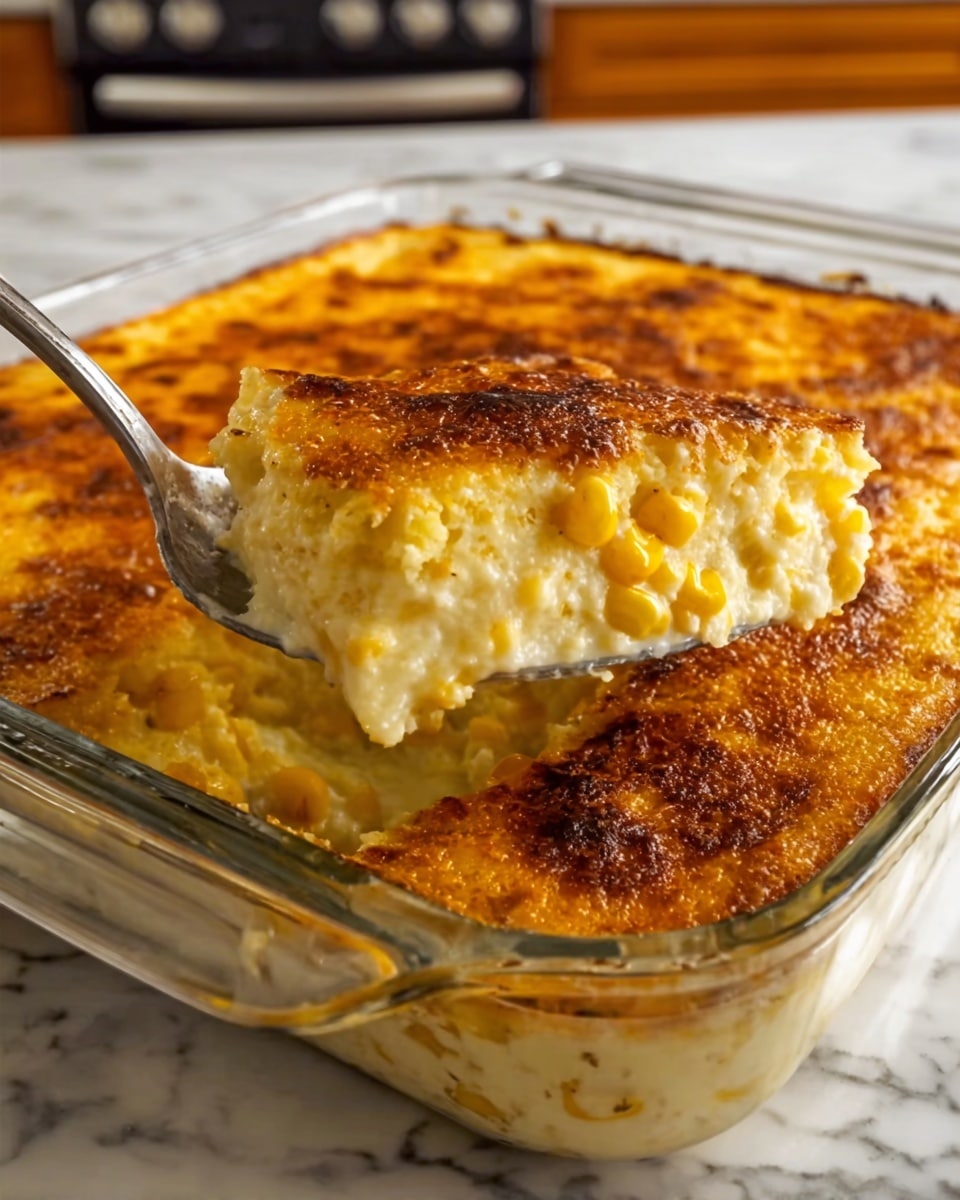 A clear glass baking dish filled with a baked casserole that has a thick, golden brown top layer with a slightly bubbly and crispy texture, showing some darker browned spots around the edges. The casserole appears to be about two layers deep: a dense creamy layer underneath the top crust. The dish is placed on a white marbled textured surface, with a sprig of fresh green herbs next to it and two wooden salt and pepper grinders in the background, along with a folded beige cloth. photo taken with an iphone --ar 4:5 --v 7