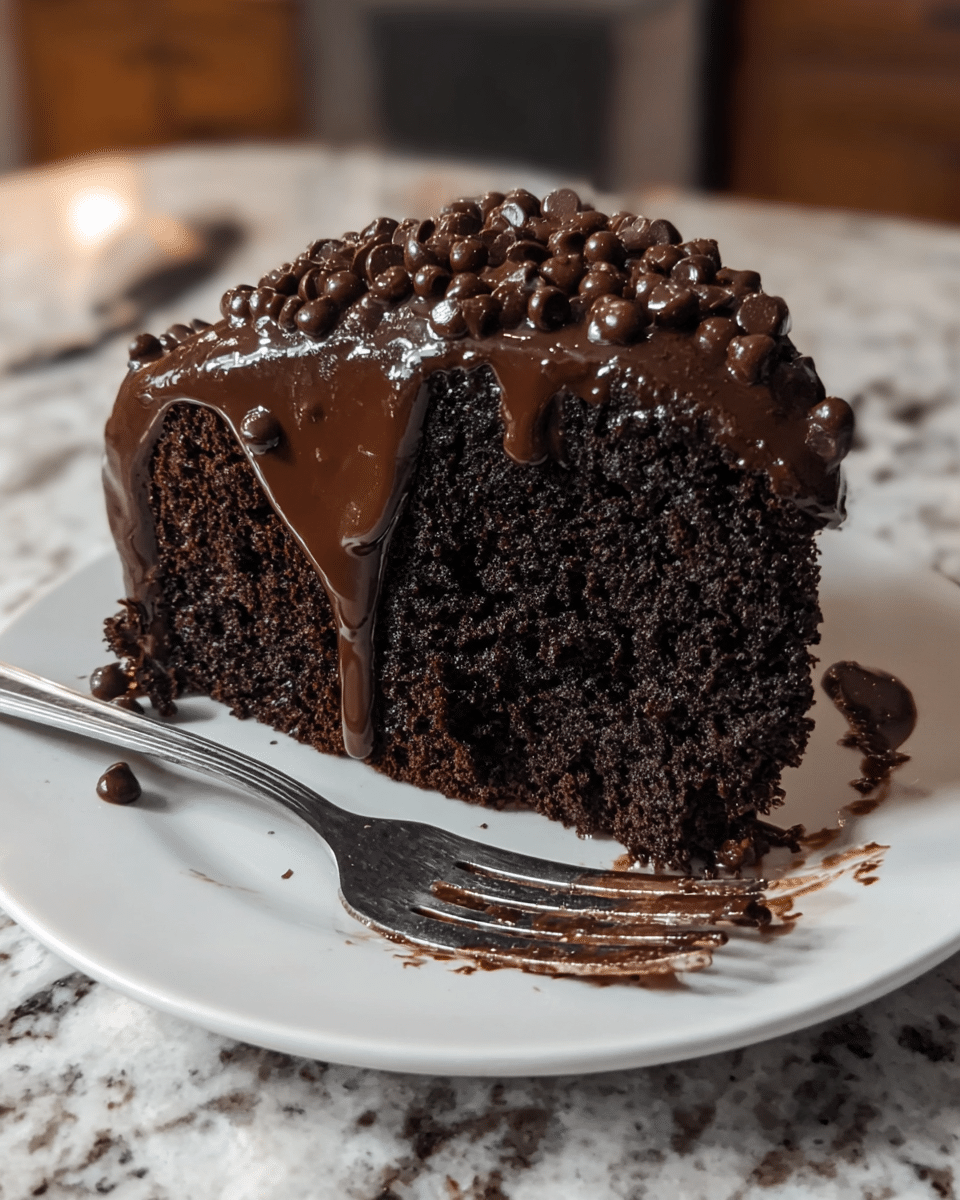 A rich chocolate bundt cake with one thick dark brown cake layer forms the base. The top is covered with a thick, shiny layer of dark chocolate glaze that drips down the sides unevenly, creating smooth, glossy streaks. Scattered generously on top of the glaze are many small, round dark chocolate chips adding texture and detail. The cake sits on a clear glass pedestal cake stand, all placed on a white marbled surface. The photo taken with an iphone --ar 4:5 --v 7