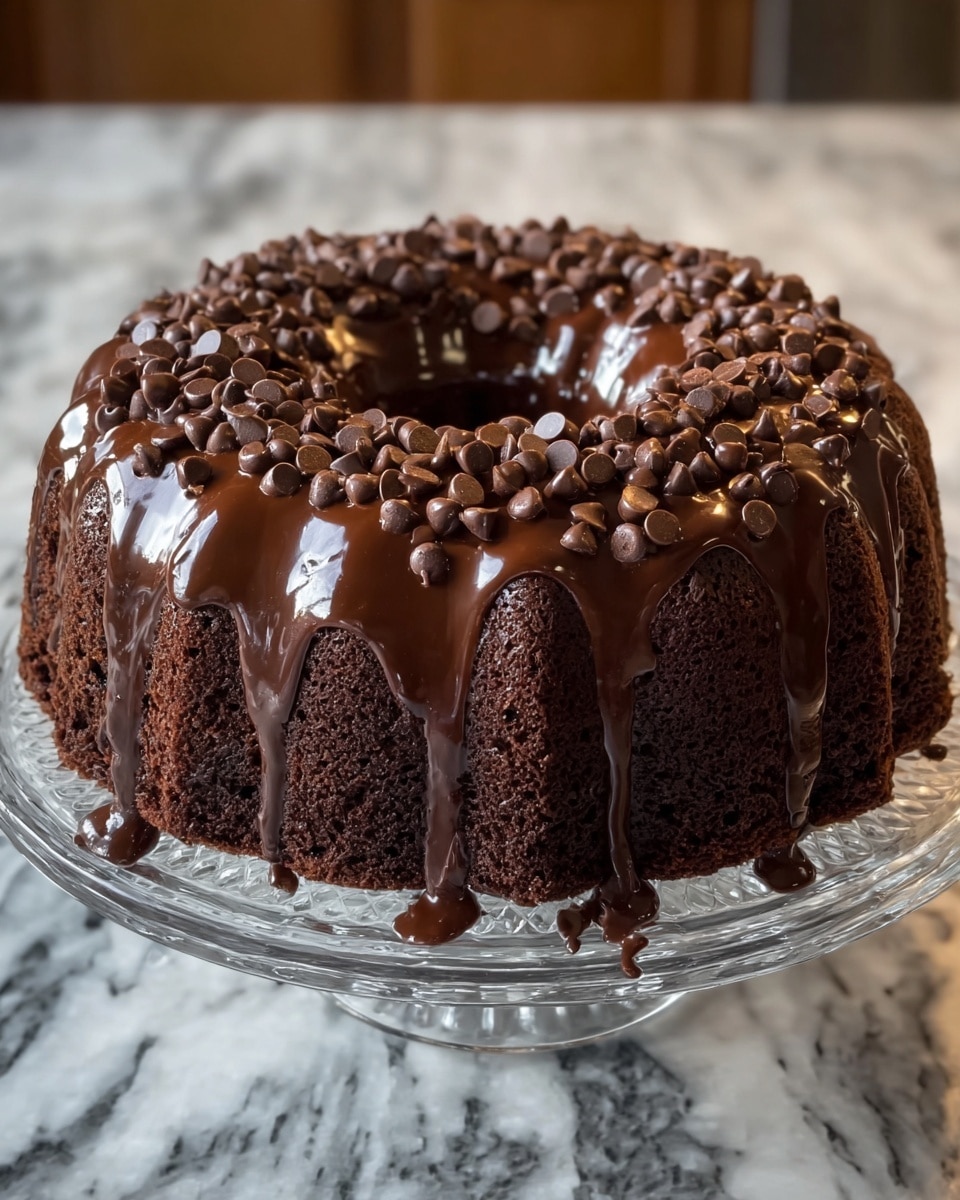 A thick slice of dark chocolate cake with a slightly rough texture sits on a white plate, topped with a layer of glossy chocolate ganache that drips down the sides, making the cake look rich and moist. The top surface of the ganache is decorated with many small, shiny chocolate chips scattered evenly, adding texture and depth. A silver fork with some chocolate smudges rests beside the cake slice on the plate. The background shows a kitchen setting blurred out, with a white marbled texture surface visible under the plate. photo taken with an iphone --ar 4:5 --v 7