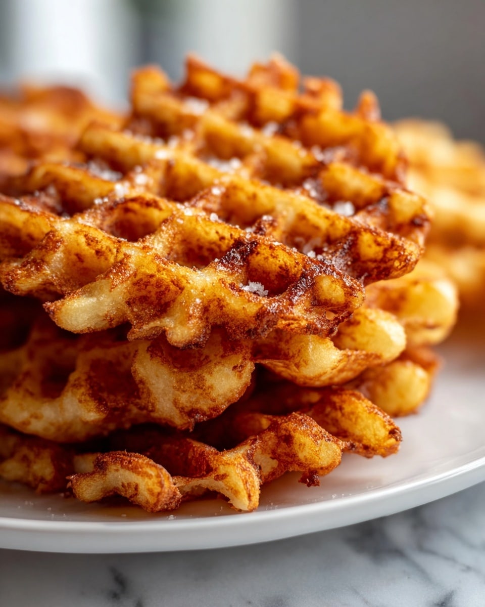 A close-up view of a stack of golden-brown waffle fries on a white plate with a white marbled texture beneath. The fries have a crispy texture with visible seasoning and coarse salt sprinkled on top, showing a lattice pattern with crispy edges. The focus is sharp on the top fries, while the background is softly blurred, highlighting the crunchy surface and warm color tones. Photo taken with an iphone --ar 4:5 --v 7