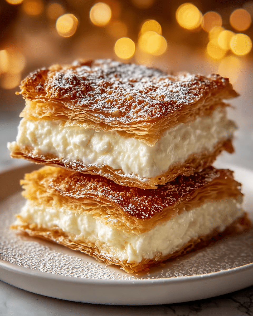 A close-up of a stack of three rectangular layers, each made of thin, golden-brown crispy pastry with a slightly bubbly texture on top, filled with thick, creamy white filling between each pastry layer. The top pastry layer is dusted with powdered sugar that also lightly covers the white plate below. The background is softly blurred with warm, golden lights, all set on a white marbled surface. photo taken with an iphone --ar 4:5 --v 7