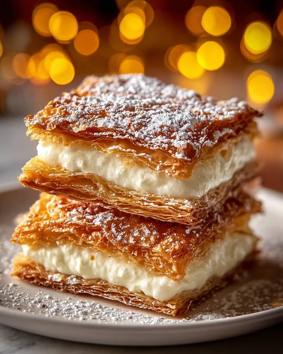 A stack of three square layers of golden brown, crispy pastry with a light, flaky texture is separated by thick, smooth white cream layers in between each pastry. The top pastry layer is dusted with a light sprinkle of white powdered sugar. The dessert is served on a white plate placed on a white marbled surface, with blurred warm yellow lights glowing softly in the background. photo taken with an iphone --ar 4:5 --v 7