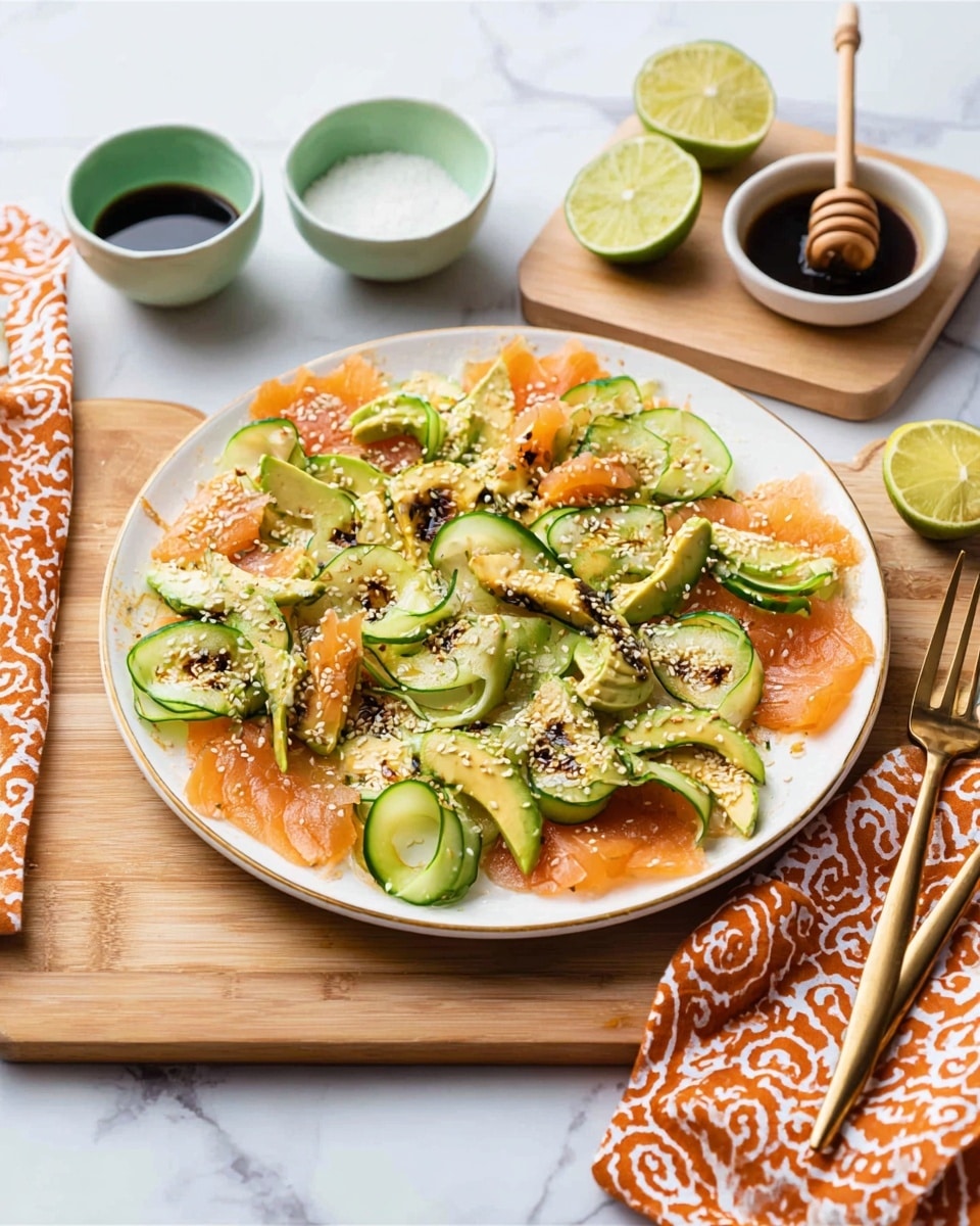 A white round plate is filled with thin, folded slices of light orange smoked salmon on the bottom layer, topped with unevenly cut, bright green cucumber slices and creamy light green avocado pieces that are slightly charred in places. The dish is sprinkled with small white sesame seeds and tiny dark char marks scattered across. Around the plate, there is half a lime, a small white bowl of salt, a green bowl of creamy sauce, and a small brown bowl of dark soy sauce with a honey dipper next to it on a wooden board resting on a white marbled surface. Two forks rest on an orange and white patterned cloth beside the plate. Photo taken with an iphone --ar 4:5 --v 7