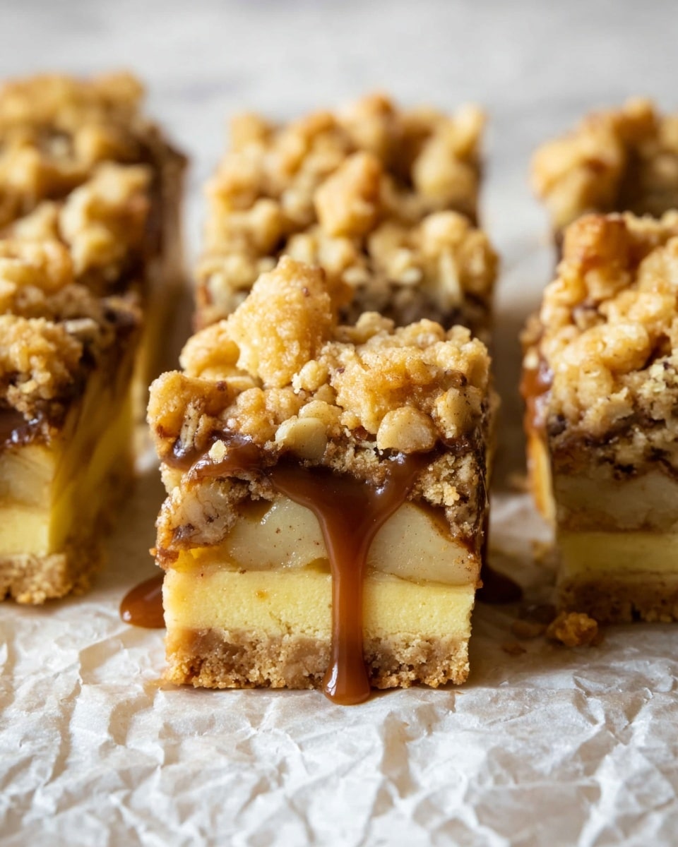 The image shows several square apple crumble bars placed on crumpled parchment paper over a white marbled surface. Each bar has three visible layers: the bottom layer is a dense light yellow crust, the middle layer is made of soft apple slices with a pale yellow color, and the top layer is a chunky golden brown oat crumble with small pieces of apple mixed in. One bar in the front has a thick, glossy, dark caramel sauce dripping down its side, adding a smooth texture contrast with the crumbly top. The bars are arranged closely together in a slightly angled line. Photo taken with an iphone --ar 4:5 --v 7