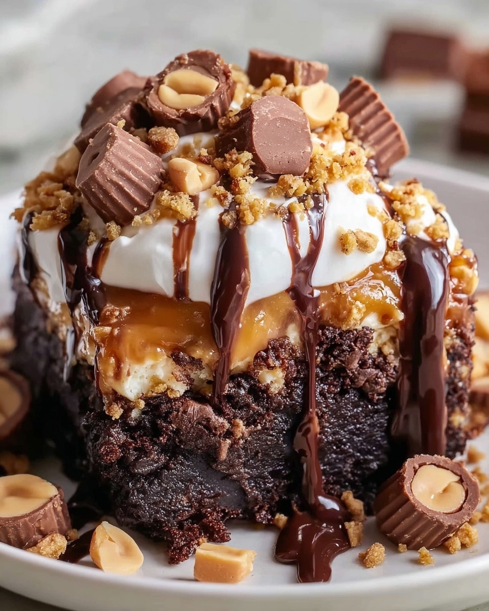 A close-up of a thick, dark brown chocolate brownie base topped with a thick layer of light brown caramel and crushed peanuts. On top of the caramel, there is a dollop of white cream, adorned with small peanut butter cup halves. The entire dessert is drizzled generously with dark chocolate sauce, some of which drips down the sides of the brownie. Extra pieces of chopped peanuts and peanut butter cups are scattered around the dessert on a white plate, all set against a white marbled texture. photo taken with an iphone --ar 4:5 --v 7