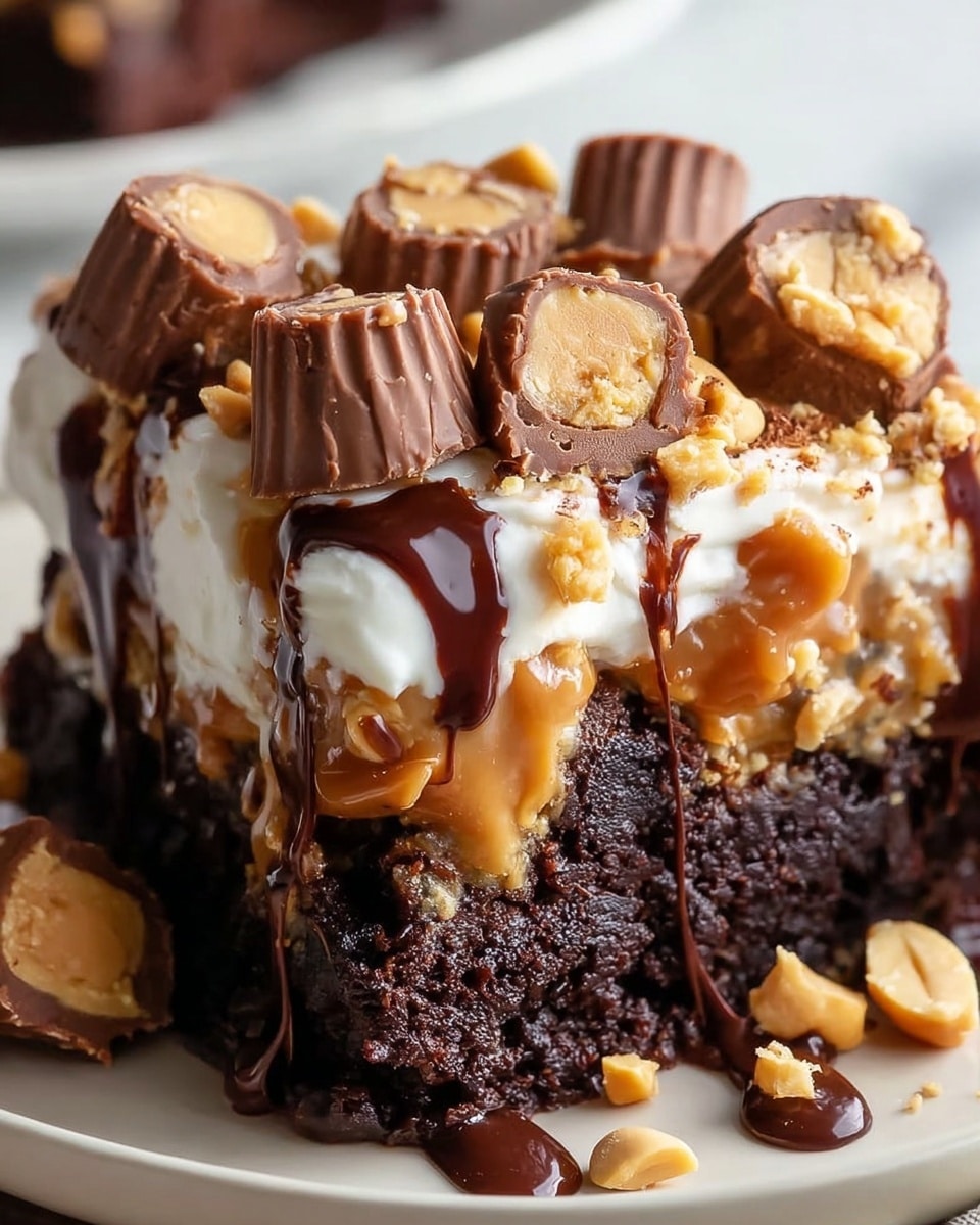 A close-up view of a rich, dark brown brownie base with a moist texture, topped with a thick layer of caramel mixed with chopped peanuts that add a light orange-brown and beige crunch. Above this, there is a creamy white layer of whipped topping, scattered with halved miniature peanut butter cups that show their light brown peanut butter filling. The dessert is drizzled with shiny, dark brown chocolate sauce that runs down the sides. Pieces of peanut butter cups and peanuts are scattered around on a white plate sitting on a white marbled surface. Photo taken with an iphone --ar 4:5 --v 7