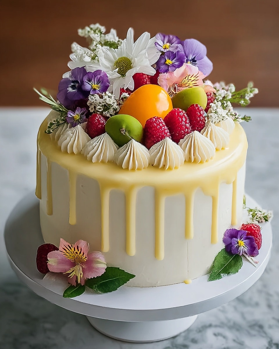 A round cake with smooth white cream frosting covers the two layers. Light yellow glaze drips down the sides unevenly. On top, there are swirls of white cream around fresh raspberries. In the center, colorful fresh fruits include a small orange fruit, a plum, and two green mango-shaped fruits. Around them are purple, yellow, pink, and white flowers with green leaves, creating a fresh and natural look. The cake sits on a white cake stand with a white marbled background. photo taken with an iphone --ar 4:5 --v 7