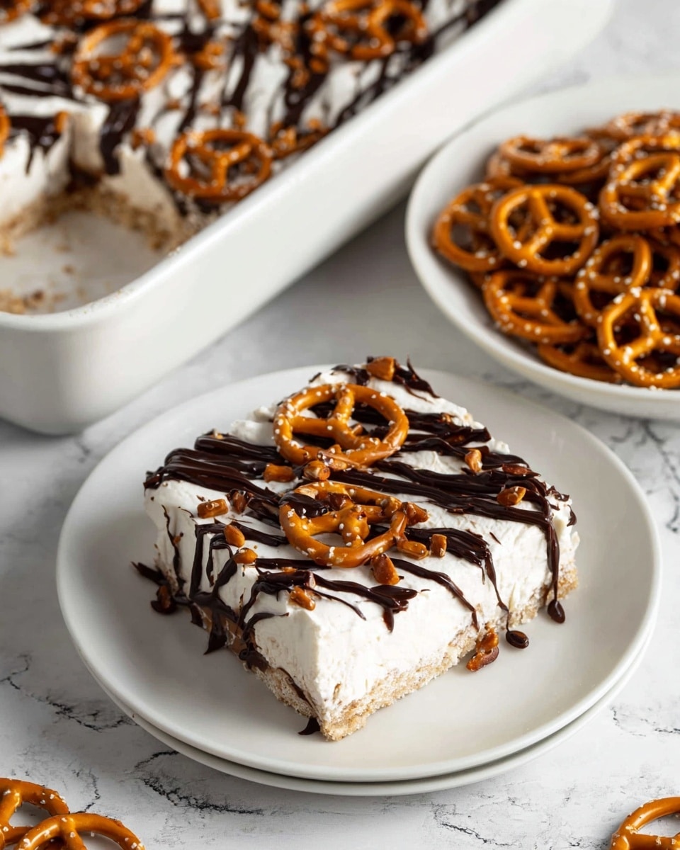 The image shows a square-shaped dessert bar on a white plate, with a thick base layer of light brown, crumbly texture, topped with a thick white creamy layer. The top is decorated with dark brown chocolate drizzle in diagonal stripes and scattered light brown pretzel pieces. To the right, there is a white bowl filled with shiny, golden-brown pretzels. In the upper left corner, part of a large white dish is visible with the same dessert bar, also showing chocolate drizzle and pretzel pieces on top, all placed on a white marbled surface. Photo taken with an iphone --ar 4:5 --v 7