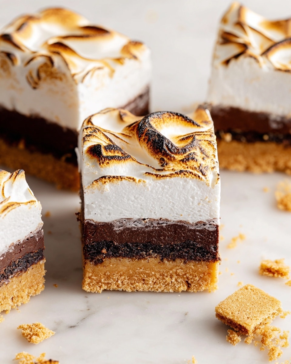A close-up view of four square dessert bars placed on a white marbled surface. Each bar has three layers: a bottom golden-brown crumbly crust, a middle dense dark chocolate brownie layer, and a thick top layer of fluffy white marshmallow cream with toasted golden-brown swirls. The bars are neatly cut, showing the clear layers with crumb cracks in the brownie layer. Crumbs and pieces of golden-brown crust are scattered around the bars, adding a casual touch. photo taken with an iphone --ar 4:5 --v 7