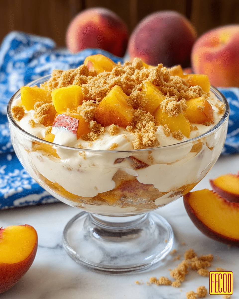 A clear bowl filled with a dessert that has three main layers: the bottom and middle layers are creamy and off-white with a smooth, thick texture; mixed in throughout the creamy layers are chunks of fresh peach pieces in bright yellow and orange with reddish skin, adding a juicy and soft texture; on top, there are crumbled golden-brown cookie pieces, adding a crunchy contrast. The bowl sits on a white marbled surface next to a blue and white cloth, with whole peaches blurred in the background. photo taken with an iphone --ar 4:5 --v 7