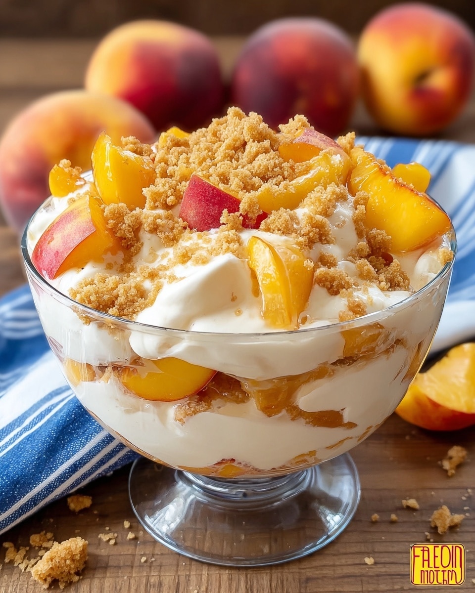 This dish is shown in a clear glass bowl filled with layers of creamy, white whipped cream and bright orange-yellow peach slices with red edges. The peach pieces are mixed throughout the creamy base, with some chunks poking out on the sides and top. The dessert is topped with crumbly golden brown cookie crumbs that add texture, scattered unevenly over the cream and fruit. The bowl rests on a wooden surface with a blue and white striped cloth nearby, and whole peaches are blurred in the background. The overall look is fresh and inviting. photo taken with an iphone --ar 4:5 --v 7