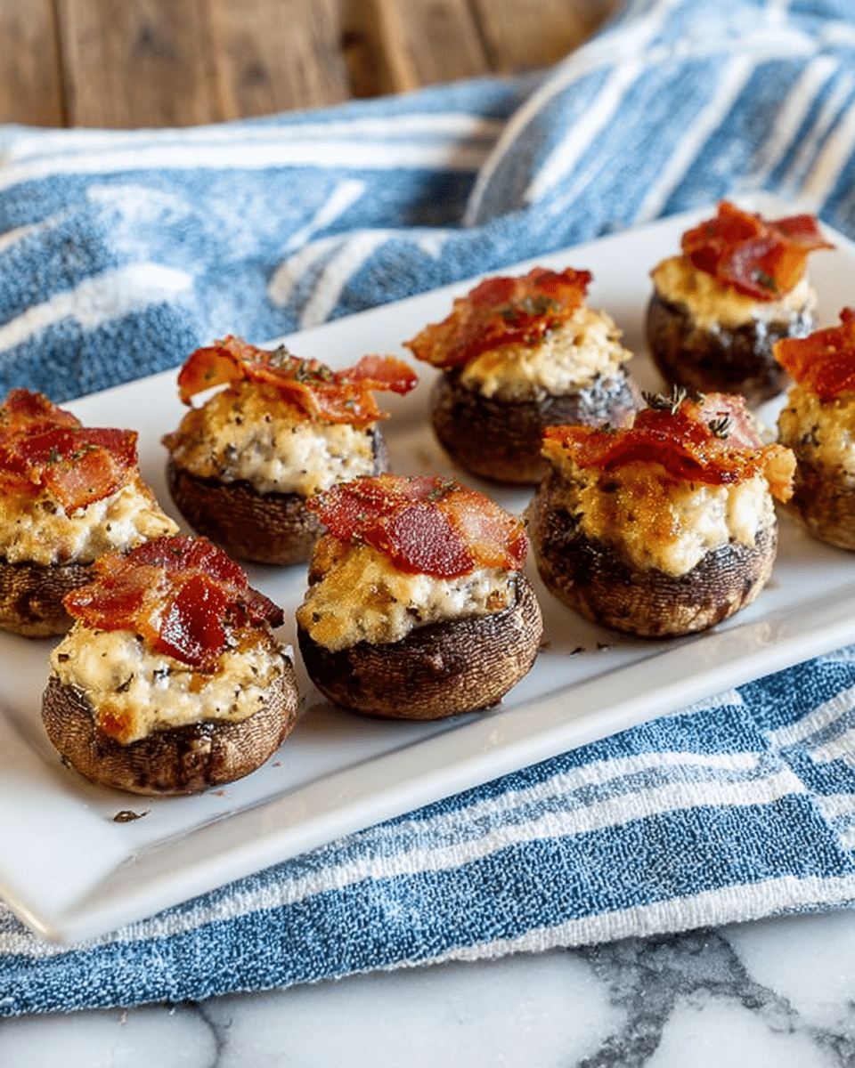A white rectangular plate holds eight stuffed mushrooms arranged in a single row. Each mushroom has a dark brown base filled with a creamy, light beige cheese mixture, topped with a crispy, reddish-brown strip of bacon. The plate is set on a white marbled surface with a blue and white striped cloth behind it. The mushrooms look moist and the cheese topping is slightly browned. photo taken with an iphone --ar 4:5 --v 7