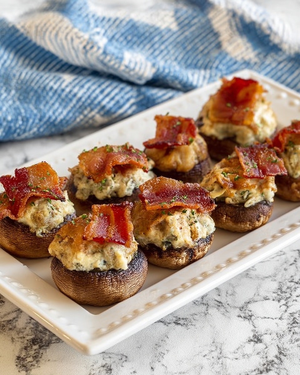 A white decorative rectangular plate holds eight stuffed mushrooms arranged in a single row. Each mushroom has a dark brown cap filled with a creamy, light beige mixture with small green herb bits. On top of each filling, there is a crispy, golden-brown bacon strip draped across the mushroom. The plate is placed on a white marbled surface with a blue and white striped cloth in the background. Photo taken with an iphone --ar 4:5 --v 7