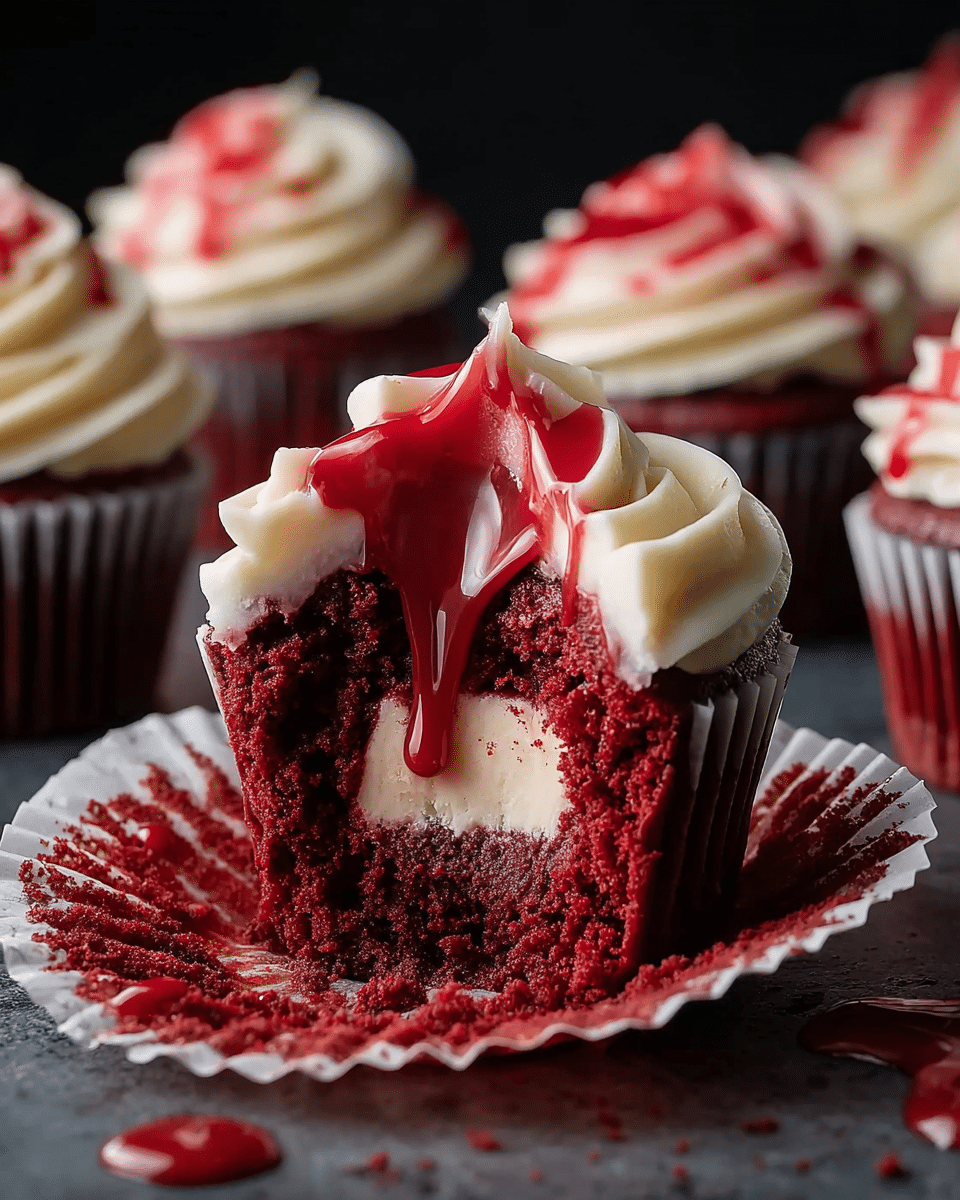 A close-up image of a red velvet cupcake with four visible layers: the bottom layer is deep red, moist cake with a rough texture inside the white cupcake liner that is peeled back. Next is a thick, creamy middle layer of soft light pink frosting filling the center. On top is a smooth swirl of thick white frosting with a shiny red sauce dripping down the sides. In the background, a few more red velvet cupcakes with white frosting and red sauce are slightly out of focus, all set on a dark surface with some sauce spilled around. photo taken with an iphone --ar 4:5 --v 7