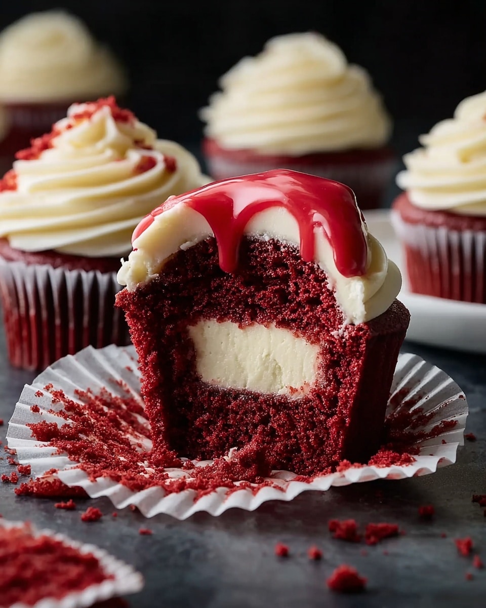 The image shows a red velvet cupcake with three main layers: the bottom is deep red moist cake, the middle layer is a smooth, light cream filling inside the cupcake, and the top layer is thick, creamy white frosting swirled in a round shape that is covered with glossy red sauce dripping down the sides. The cupcake is partially unwrapped from a white paper liner, with crumbs scattered around. In the background, there are more similar cupcakes placed on a dark surface. The overall setting is on a white marbled textured surface with a dark background, showing rich colors and textures. Photo taken with an iphone --ar 4:5 --v 7
