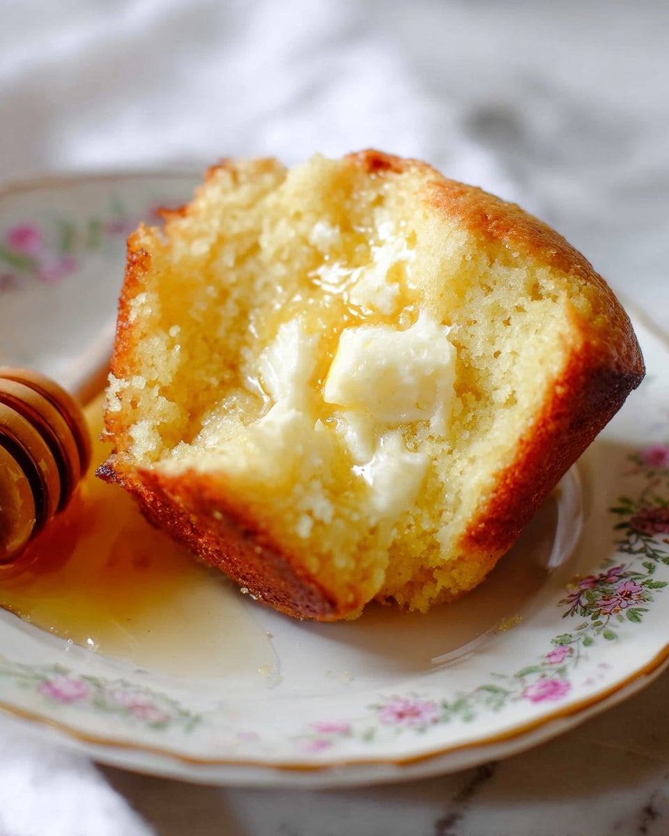 A close-up image of a bisected yellow corn muffin resting on a white plate with delicate floral trim set on a white marbled surface. The muffin has two main layers: the bottom layer is a darker golden brown with a slightly crunchy texture, while the top layer is soft and crumbly with a light yellow color. Melted butter is spread unevenly across the interior, creating glossy patches and small pools. To the left side of the plate, a honey dipper coated with honey is placed, adding warm amber highlights to the scene. photo taken with an iphone --ar 4:5 --v 7