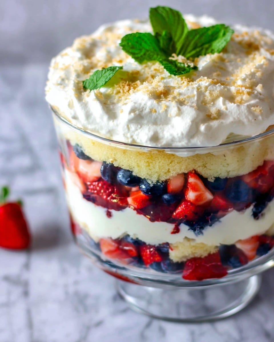 This dessert features five visible layers inside a clear glass bowl set on a white marbled texture. From bottom to top, the first layer is a light yellow cake base, followed by a layer of white cream with a smooth texture. The third layer consists of dark blue blueberries and bright red strawberries mixed together. Above it is another white creamy layer, and then a second layer of mixed berries. The top is covered with thick white whipped cream sprinkled with fine golden crumbs and decorated with fresh green mint leaves. Photo taken with an iphone --ar 4:5 --v 7