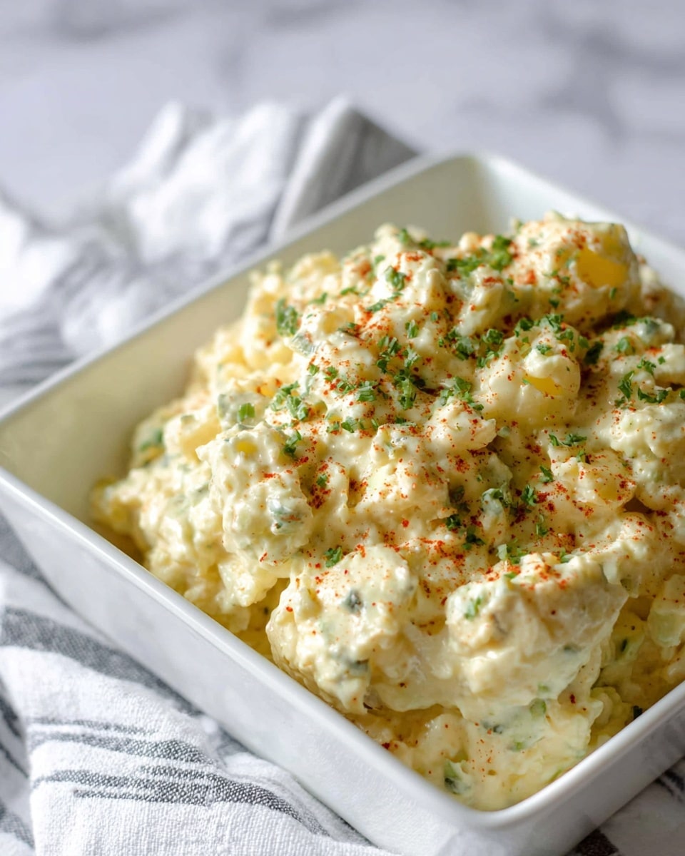 The image shows a white rectangular dish filled with creamy potato salad. The potato salad has a pale yellow color with small chunks of potato mixed with a smooth, thick dressing. There are tiny green bits of herbs scattered throughout the salad and small specks of red spice sprinkled on top. The dish is placed on a white marbled surface with a blurred white cloth with gray stripes beneath it. The texture of the potato salad looks soft and slightly lumpy, piled loosely inside the dish. photo taken with an iphone --ar 4:5 --v 7