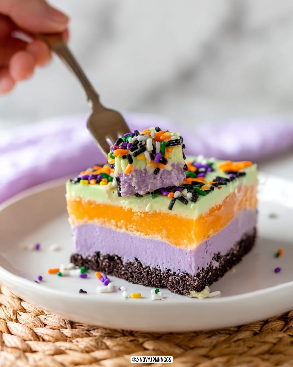A square layered dessert with four visible layers sits on a white plate over a woven beige mat, set against a white marbled texture. The bottom layer is a dark chocolate crumb crust with a rough texture. Above it is a thick, smooth lavender purple layer. The third layer is a glossy, bright orange jelly-like layer, and the top layer is a pale green creamy layer, decorated with colorful sprinkles in black, orange, purple, white, and green. A woman's hand is holding a fork lifting a bite, showing all four layers clearly stacked, with some of the sprinkles clinging to the top. Photo taken with an iphone --ar 4:5 --v 7