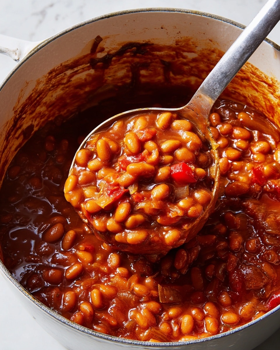 The image shows a close-up of a large white pot filled with thick, glossy baked beans in a rich reddish-brown sauce. The beans are plump and soft, coated in the thick sauce, with visible small chunks of red bell pepper and bits of onions mixed throughout. A metal ladle with a long handle is lifting a generous portion of the beans from the pot, showing the beans piled up in the ladle with the sauce dripping slightly around the edges. The inside sides of the white pot are splattered with the sauce, adding texture to the scene. The background surface is a white marbled texture. Photo taken with an iphone --ar 4:5 --v 7