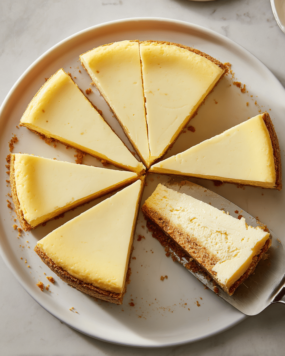 A round cheesecake is shown on a white plate with a white marbled background. The cake has two visible layers: a smooth, pale yellow creamy top layer and a light brown crumbly base layer. Several slices are cut from the cake, arranged neatly, with one slice lifted by a spatula showing the creamy texture and crust clearly. Crumbs are scattered on the plate where pieces have been served. The cake surface is clean and smooth with a slight sheen. Photo taken with an iphone --ar 4:5 --v 7