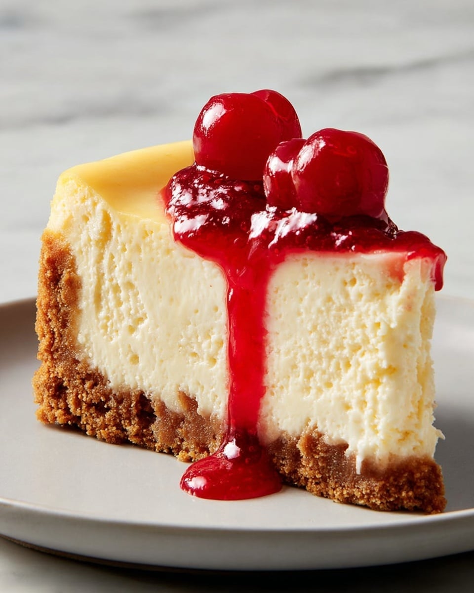 A slice of cheesecake is shown with three layers: the bottom layer is a crumbly brown crust, the middle layer is a thick, creamy, pale yellow cheesecake with a slightly grainy texture, and the top layer is smooth and pale yellow. On top of the cheesecake are two bright red cherries with shiny, glossy red sauce dripping down the side. The cake sits on a simple white plate against a white marbled background. photo taken with an iphone --ar 4:5 --v 7