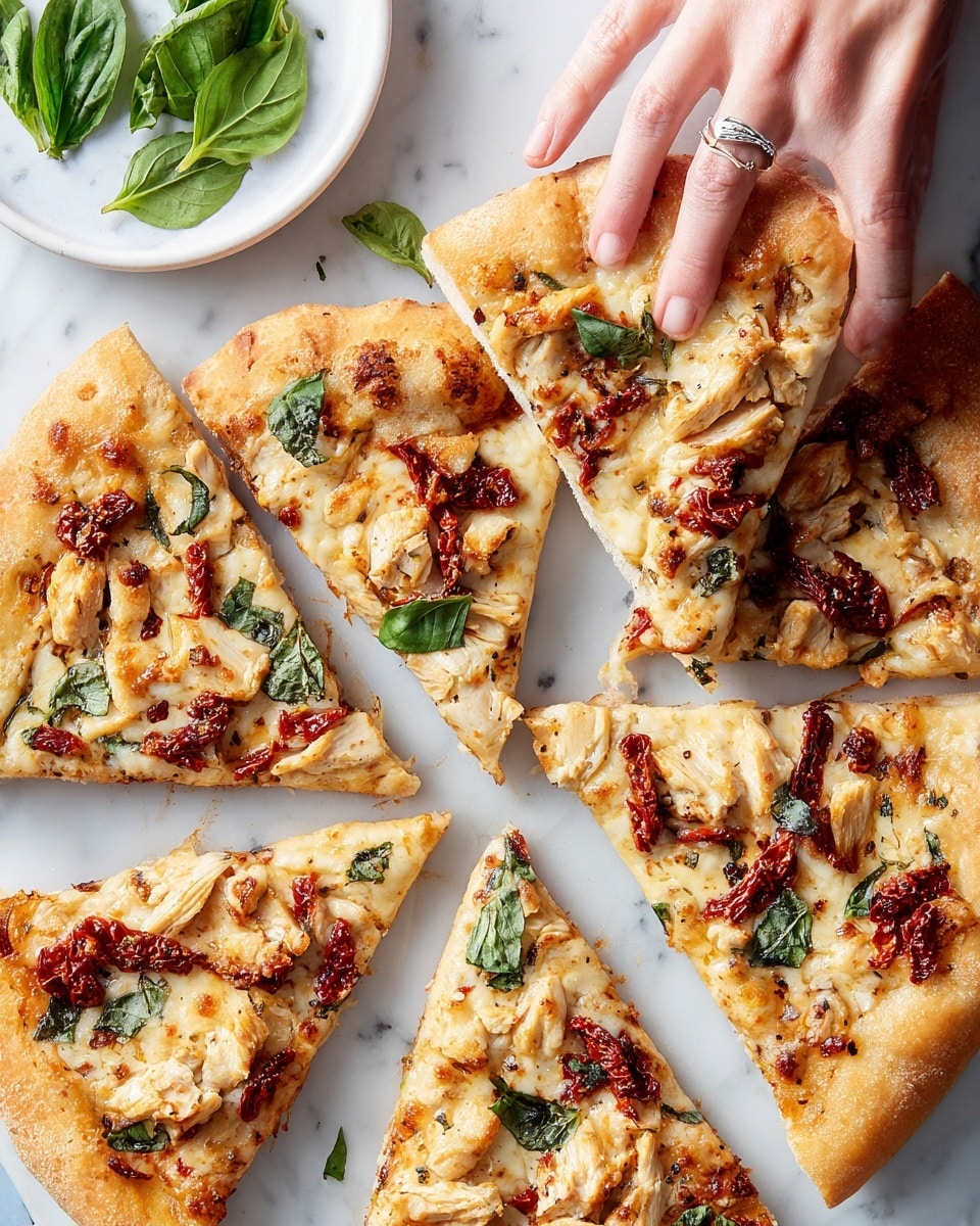There are seven slices of pizza on a white marbled surface, each with a golden brown crust and a layer of melted cheese that looks slightly browned in spots. The pizza is topped with pieces of dried red sun-dried tomatoes, fresh green basil leaves, and light brown chicken pieces. A woman's hand with a shiny ring is reaching for one of the slices on the right side. Near the top left corner, there is a small white plate with more basil leaves. The overall colors are warm and appetizing with a mix of green, red, and golden tones. photo taken with an iphone --ar 4:5 --v 7