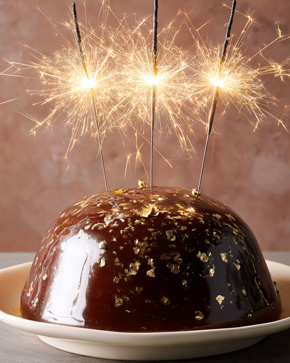 A shiny, smooth, dark brown dome-shaped dessert with gold flakes scattered on its surface sits on a white plate. The dessert has a glossy finish that reflects light, giving it a luxurious look. Three lit sparklers stand upright on top, glowing and sparkling brightly with golden sparks flying outward, creating a festive atmosphere. The background has a soft, warm tone that contrasts with the rich color of the dessert. Photo taken with an iphone --ar 4:5 --v 7