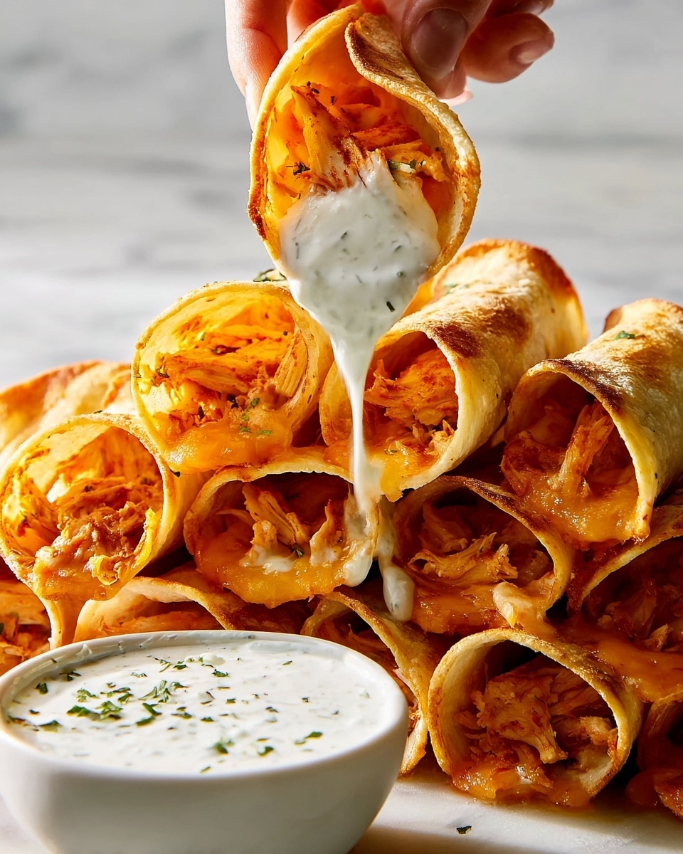 A close-up image shows several rolled taco shells filled with melted orange cheese and bits of chicken stacked in two rows. The tacos have a golden, crispy texture. In the background, there is a small white bowl filled with white dipping sauce with green herbs. A woman's hand is dipping one of the taco shells into the sauce, with the sauce dripping slightly. The whole scene is set against a white marbled surface with soft natural light highlighting the textures and colors. photo taken with an iphone --ar 4:5 --v 7