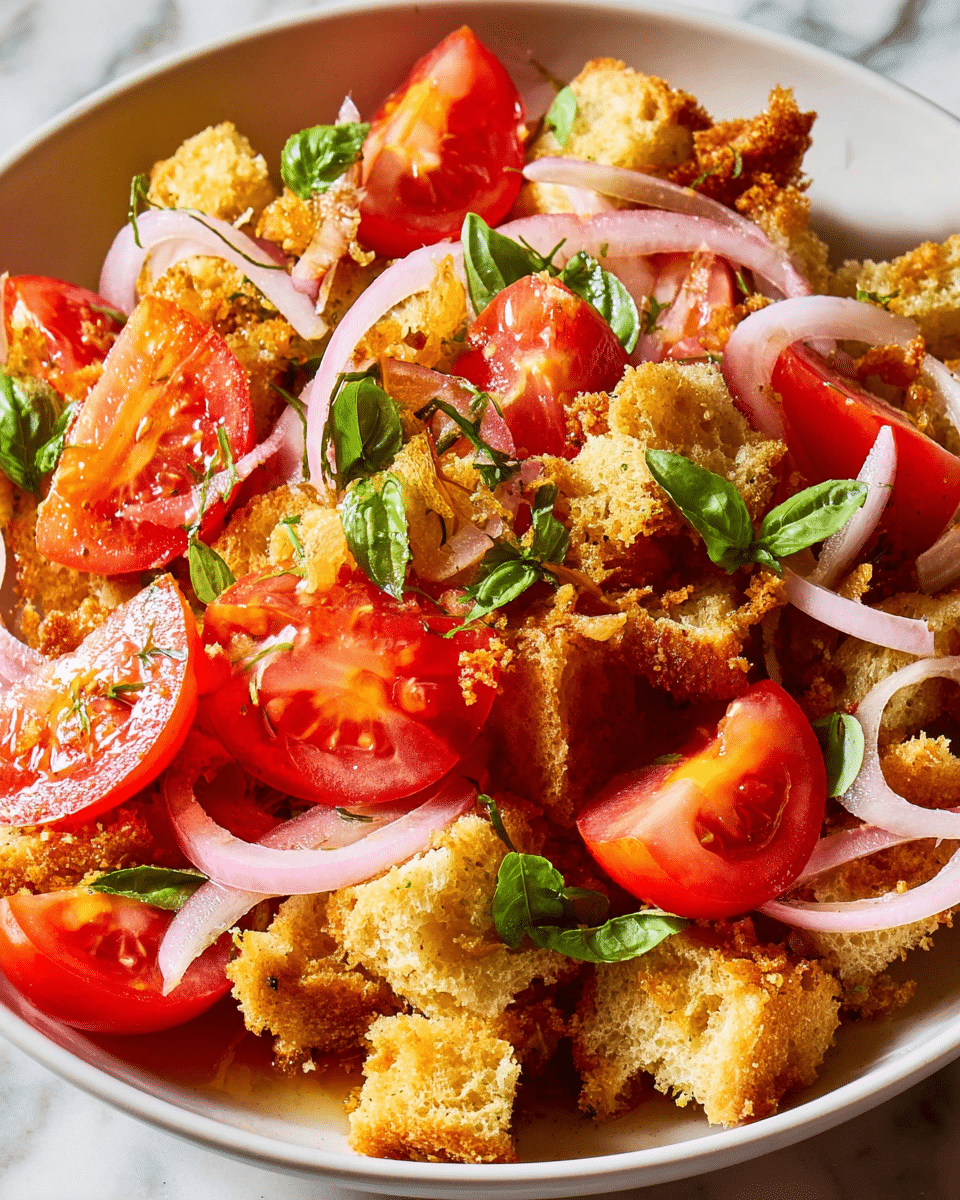 The image shows a salad in a white bowl filled with several layers. The base layer has golden brown, crispy bread chunks scattered unevenly. On top of the bread, there are bright red tomato wedges with a juicy, smooth texture. Thin, pale pink onion rings are spread over the tomatoes, adding a light, delicate touch. Small green basil leaves are sprinkled around the salad, giving pops of freshness and color contrast. The close-up view shows a mix of textures: crunchy bread, juicy tomatoes, and crisp onions, all resting in the white bowl against a white marbled background. Photo taken with an iphone --ar 4:5 --v 7