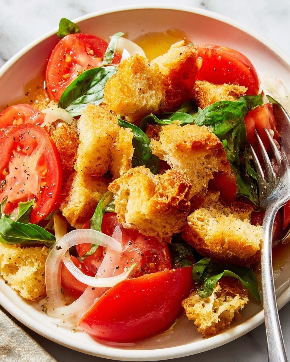 The image shows a close-up of a fresh salad in a shallow white bowl placed on a white marbled surface. The salad has three main layers: the bottom has large bright red tomato wedges with a juicy texture, the middle layer includes light green basil leaves scattered throughout, and the top layer is made of golden-brown, crunchy croutons of different sizes. Thin white onion slices are spread on top and around the tomatoes. The salad is lightly sprinkled with coarse salt and black pepper. A silver fork is resting on the right side of the bowl, partly inside the salad. Photo taken with an iphone --ar 4:5 --v 7