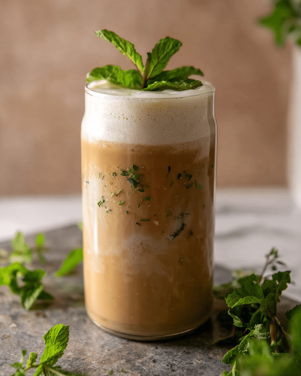 The image shows a tall glass shaped like a can filled with a light brown drink, likely iced coffee or tea, mixed with some green mint leaves inside. On top, there is a thick layer of creamy foam with fresh green mint leaves as a garnish. The glass is placed on a gray stone surface with some green mint leaves around. The background is softly blurred with a warm beige tone and a white marbled texture visible near the bottom edges. photo taken with an iphone --ar 4:5 --v 7