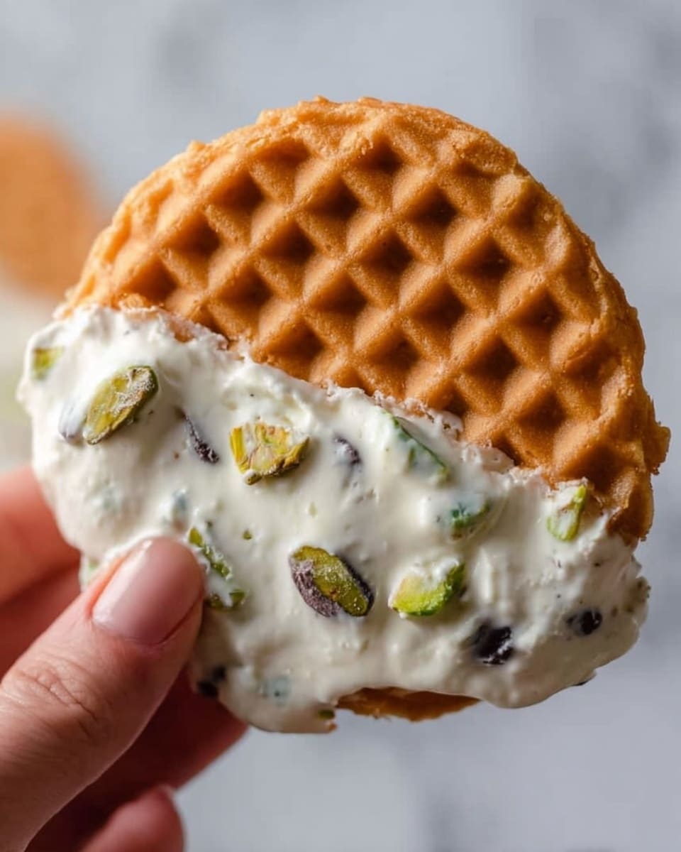 A close-up image of a single round waffle cookie held by a woman's hand at the top right edge. The waffle cookie is golden brown and has a diamond grid pattern on its surface. About half of the bottom edge of the waffle is coated with a thick layer of creamy white ice cream mixed with small chunks of green pistachios and darker chocolate pieces, creating a textured look. The background features a soft, white marbled texture that contrasts with the warm tones of the waffle and the fresh look of the ice cream. Photo taken with an iphone --ar 4:5 --v 7