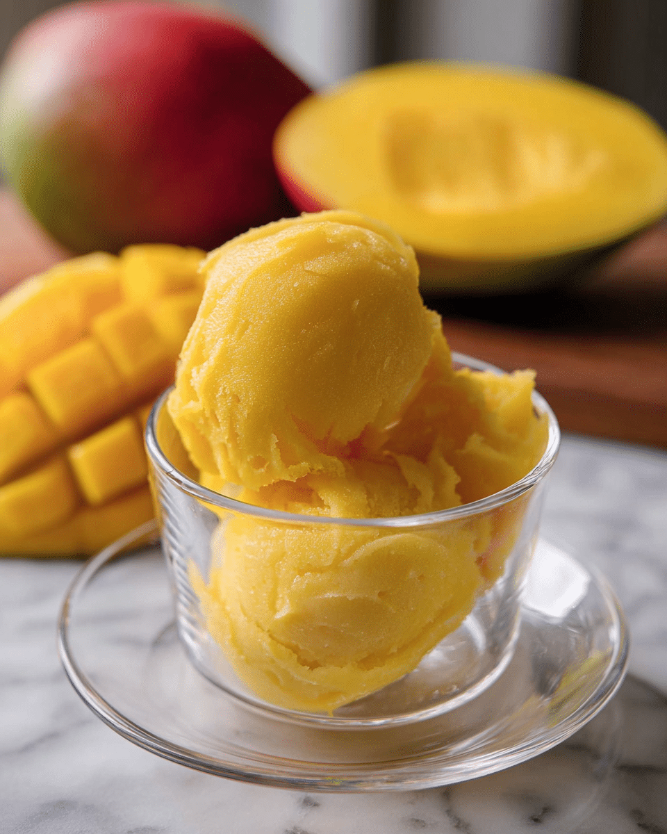 In the image, there is a clear glass cup filled with bright yellow mango sorbet, showing four thick scoops with smooth, slightly melting textures and rounded edges. The sorbet is placed on a clear glass saucer. In the blurred background, there is a half-cut mango showing the yellow flesh with a grid pattern, and a whole mango with red and green skin. The surface beneath everything is a white marbled texture. photo taken with an iphone --ar 4:5 --v 7