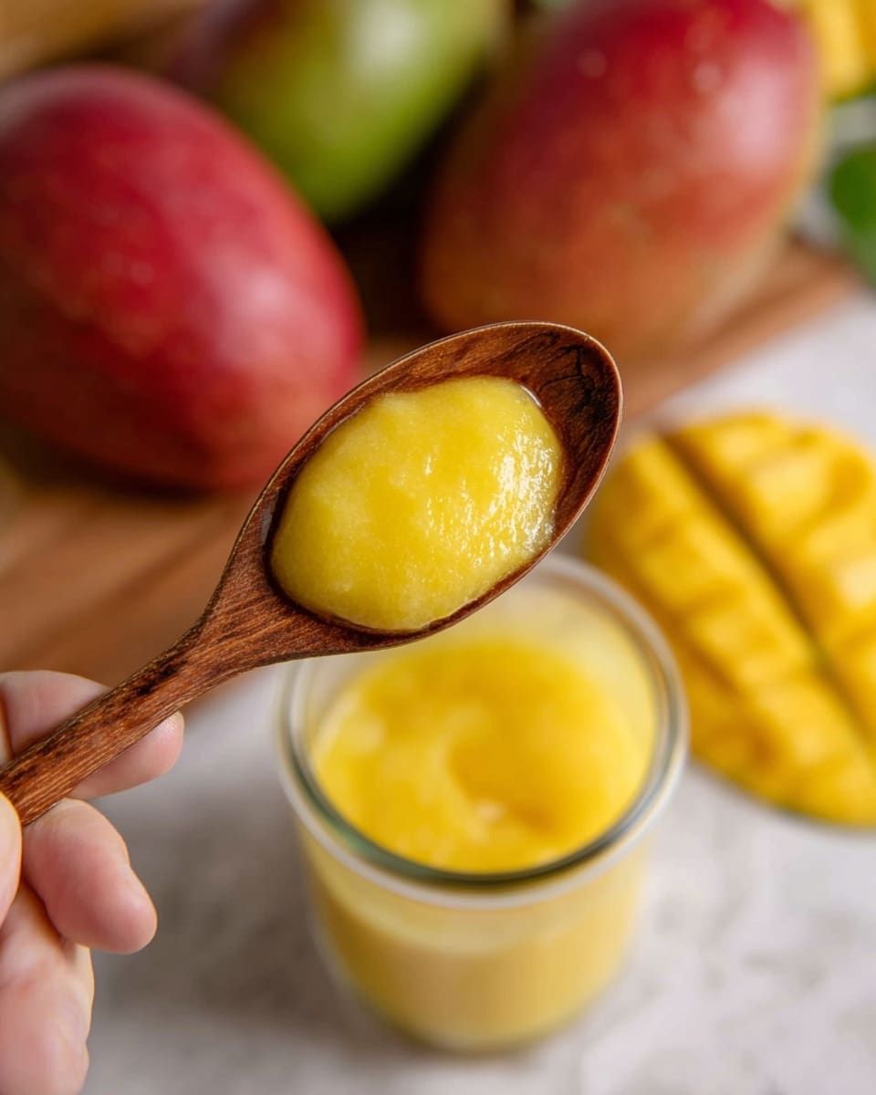 A close-up shows a woman's hand holding a wooden spoon filled with bright yellow soft mango puree. Below the spoon, there is a clear glass cup with more of the smooth puree inside. In the blurred background, whole ripe mangos with red and green skin, and a yellow sliced mango with visible segments are placed around. The setting is on a white marbled texture. photo taken with an iphone --ar 4:5 --v 7