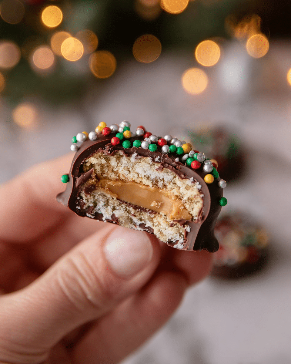 A close-up of a small chocolate-covered treat held by a woman's hand, showing three layers inside: a light brown crunchy biscuit base at the bottom, a soft, creamy caramel center in the middle, and a thin outer coat of milk chocolate. The top of the chocolate is decorated with small round sprinkles in green, red, white, yellow, and silver colors. The background features soft warm bokeh lights with a white marbled surface below, creating a cozy feel. Photo taken with an iphone --ar 4:5 --v 7