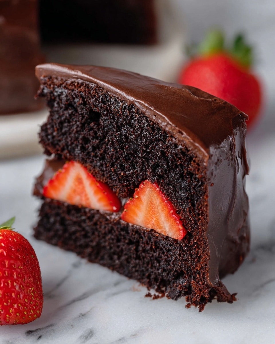 A single slice of dark chocolate cake stands upright on a white marbled surface, showing two thick layers of moist, rich black cake with a dense texture. The slice is coated on one side with a glossy, smooth chocolate frosting that looks creamy and thick. A layer of thin, fresh red strawberry slices is placed between the chocolate frosting and cake layers, adding a vibrant pop of color and texture. In the background, a whole red strawberry is slightly blurred, enhancing the focus on the cake slice in the foreground. Photo taken with an iphone --ar 4:5 --v 7