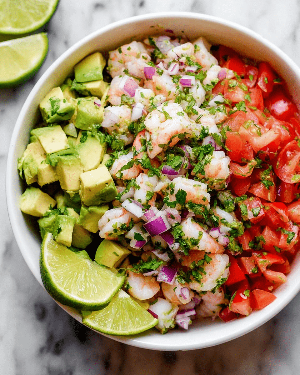 A white bowl filled with a fresh shrimp salad that has roughly three main layers: the bottom layer is made of vibrant red diced tomatoes, mixed with chunks of light green avocado; the middle layer includes small pieces of cooked pink shrimp and finely chopped purple onions; the top layer is sprinkled with bright green chopped cilantro and thin lime slices placed on one side for garnish. The textures vary from soft avocado and shrimp to crisp onions and juicy tomatoes. The dish is placed on a white marbled surface. photo taken with an iphone --ar 4:5 --v 7
