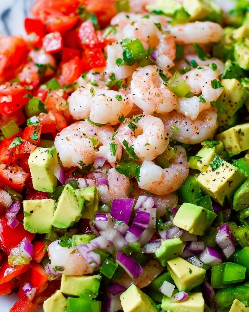 A close-up view of a colorful shrimp salad with many layers of diced ingredients. The top layer has light pink shrimp with a smooth texture, scattered evenly. Below and around the shrimp are cubes of bright green avocado, small pieces of deep red tomatoes, finely chopped purple onions, and vivid green bell peppers. Fresh green herbs are sprinkled throughout, adding splashes of darker green. The salad has a fresh and moist look with black pepper flakes scattered on top. The dish is placed on a white marbled surface. photo taken with an iphone --ar 4:5 --v 7