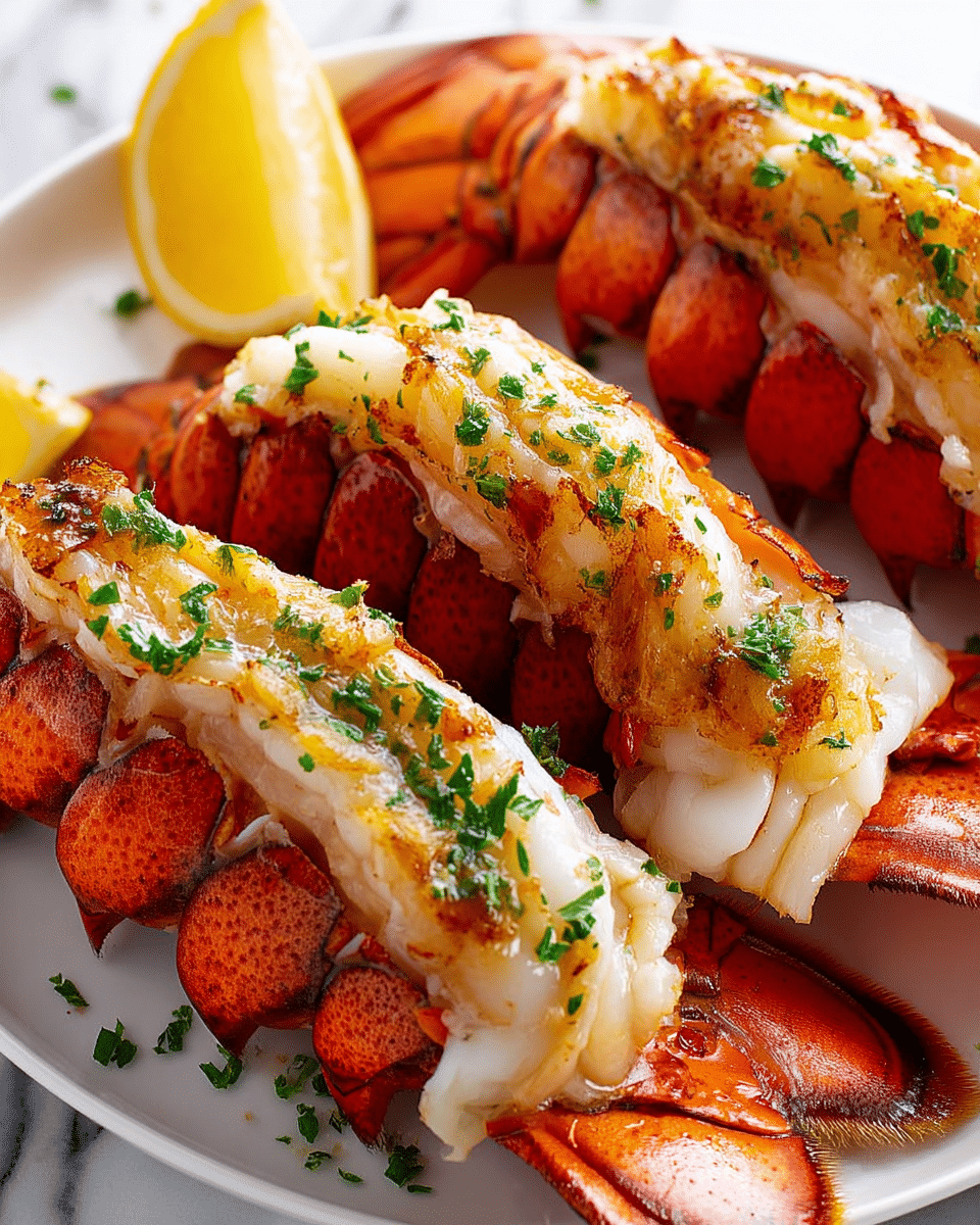 The image shows three lobster tails served on a white plate placed on a white marbled surface. Each lobster tail has a bright reddish-orange shell that is split open lengthwise, revealing the white, meaty lobster inside, which looks tender and slightly glistening with butter. The lobster meat is topped with finely chopped green herbs that add a fresh contrast. Some browned garlic pieces are scattered over the lobster, giving extra texture and a touch of golden-brown color. Behind the lobster tails, there is a lemon wedge adding a splash of yellow to the arrangement. photo taken with an iphone --ar 4:5 --v 7