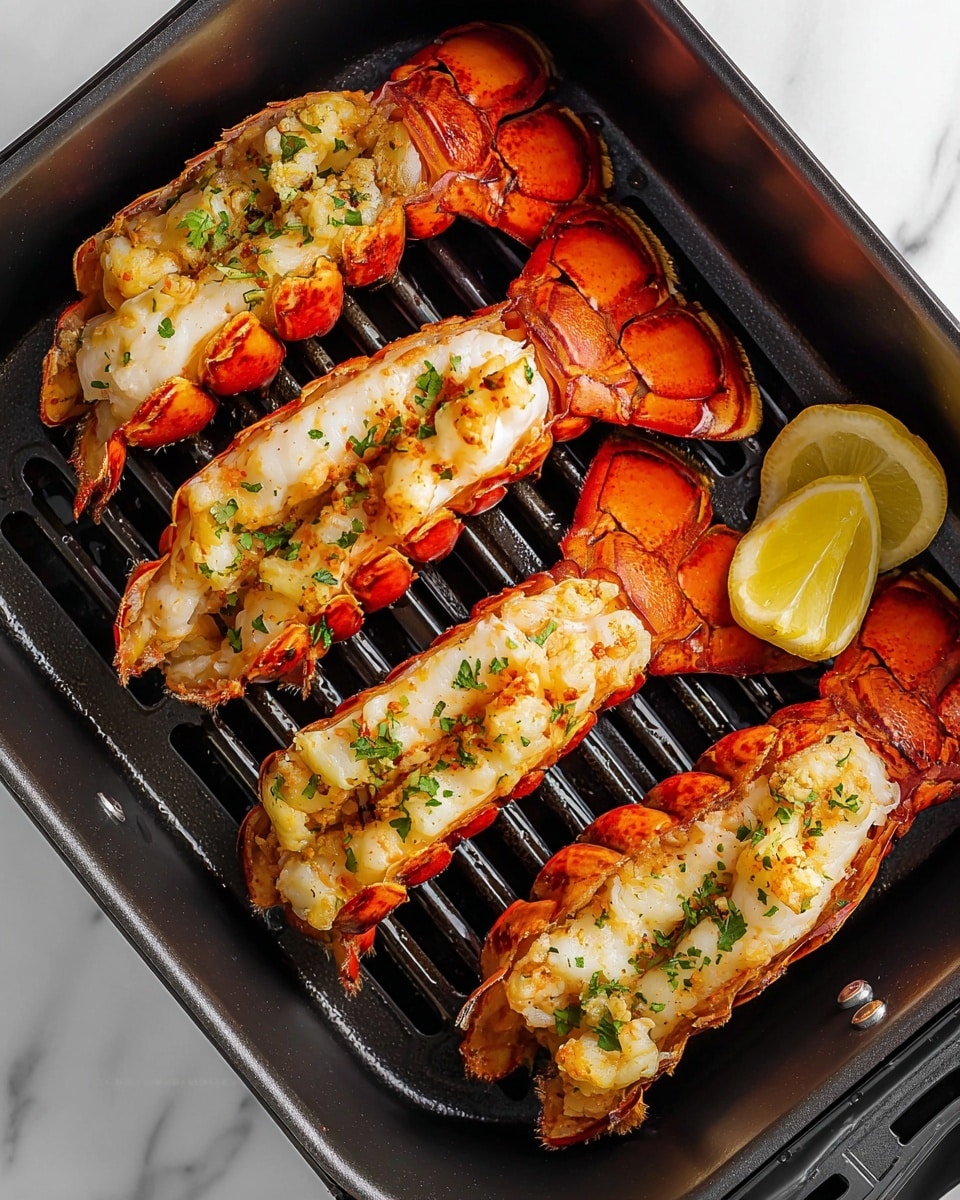 The image shows four cooked lobster tails placed inside a black cooking basket. Each lobster tail is split open with the bright orange-red shell forming the base layer, topped by a white, chunky lobster meat layer seasoned with small green herb pieces and little bits of garlic. Two lemon wedges with a yellow color and a juicy texture sit near the lobster tails in the basket. The basket sits on a white marbled surface. photo taken with an iphone --ar 4:5 --v 7