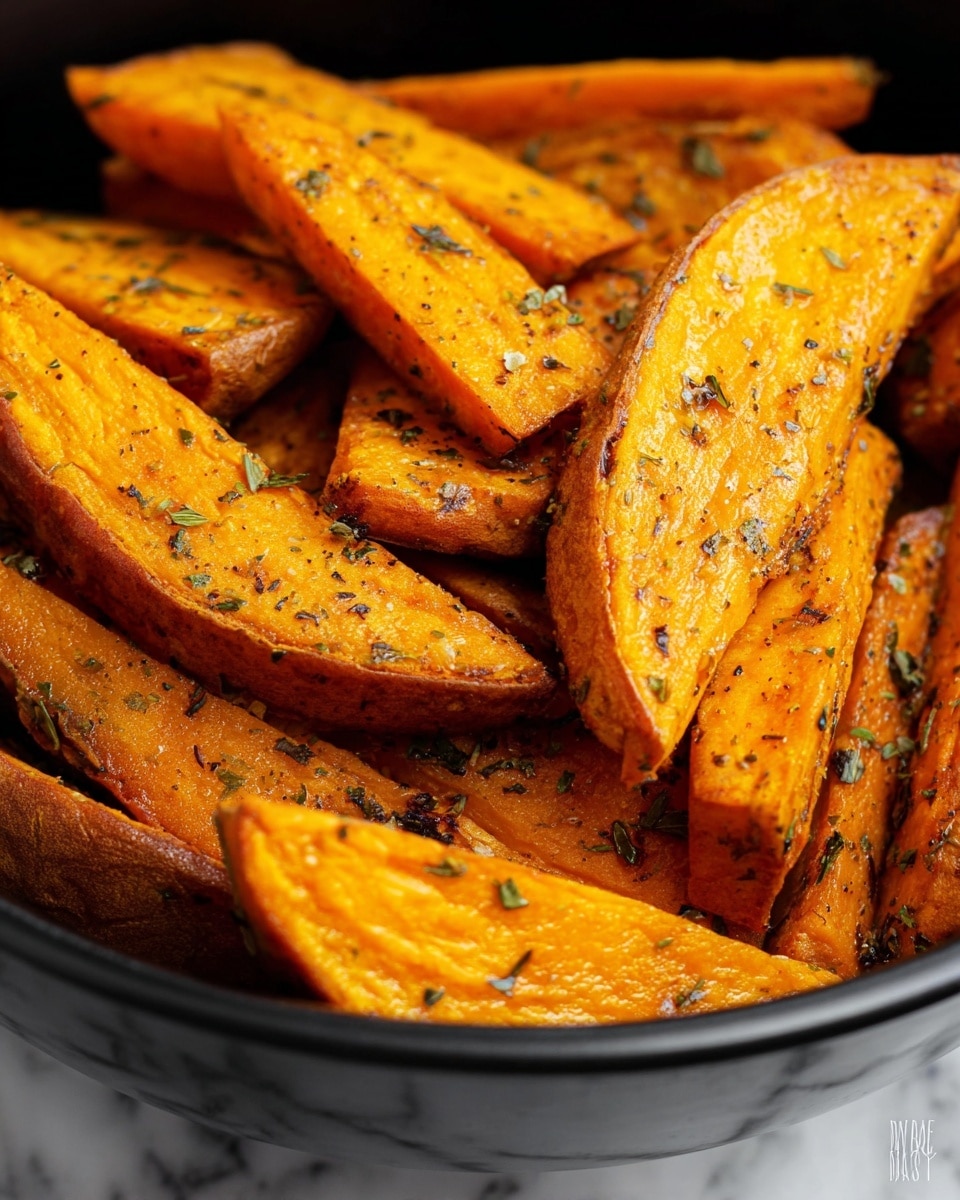 A close-up view of a bowl filled with golden orange sweet potato wedges that have a slightly crispy texture. The wedges are seasoned with small green herbs and black pepper specks, creating a textured surface on each piece. The wedges are layered unevenly, with some overlapping and some standing upright, showing their thick and chunky cuts. The bowl holding the wedges is black, contrasting with the warm colors of the food. The background is a white marbled texture. photo taken with an iphone --ar 4:5 --v 7